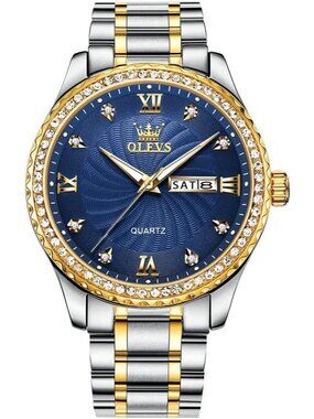 Men's Silver Blue Diamond Stainless Steel Analog Quartz Waterproof Classic Watch
